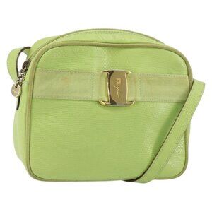 Authentic Salvatore Ferragamo Vala Shoulder Bag Leather Embossed Green Gold